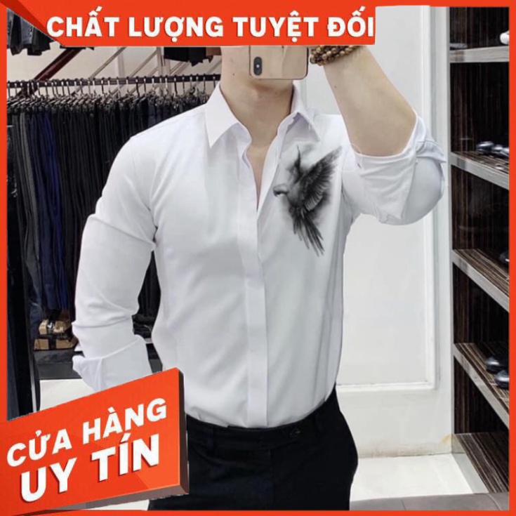 Áo sơ mi nam tay dài form rộng thêu chữ chất lụa thấp hút mồ hôi tốt - Hàng nhập khẩu