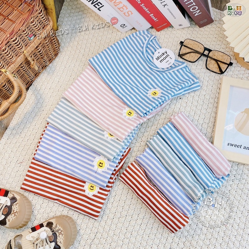 NT017 Bộ cộc tay cotton thun tăm Minky Mom sọc dệt thêu hoa cúc xinh xắn cho bé gái