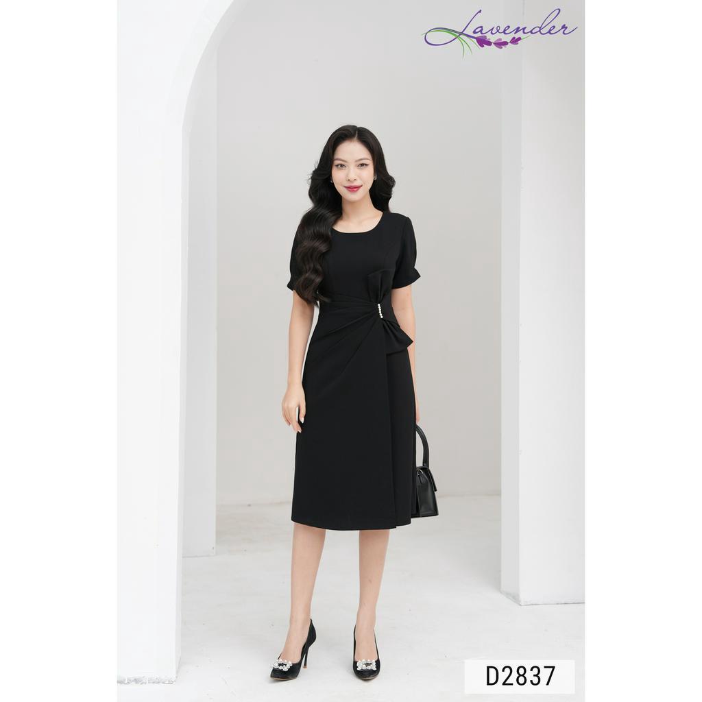 Đầm công sở thiết kế LAVENDER màu đen dáng xòe phối nơ đính ngọc 1 bên D2837