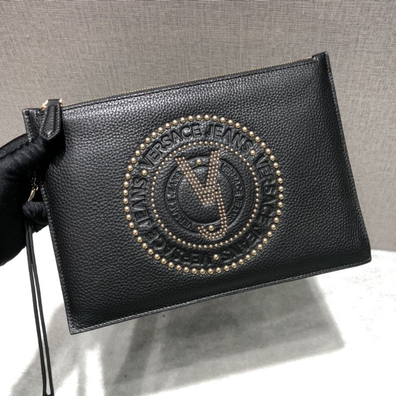 clutch cầm tay cho nam da thật đính đinh tán khắc logo chữ V Versace