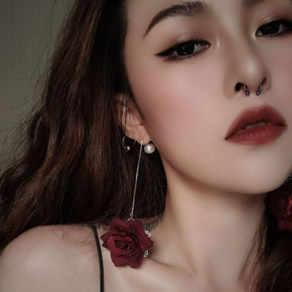 Hoa Tai Dáng Dài Hình Hoa Hồng Đỏ Đen Thời Trang 2020