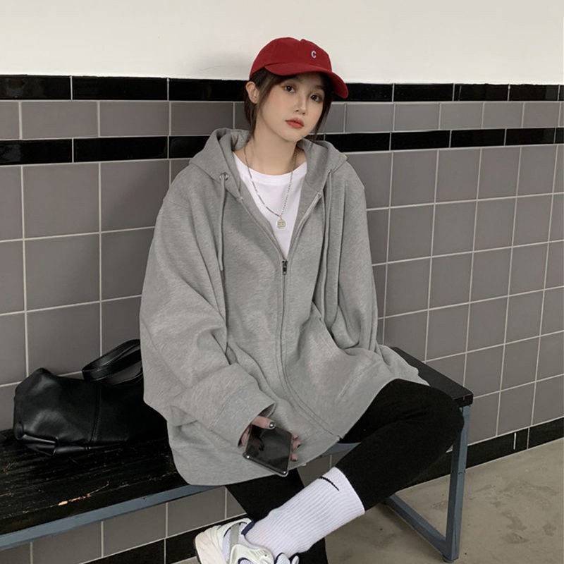 2021 new spring and autumn loose Korean version of cotton SIZE gray hooded sweater zipper jacket female ins tide top