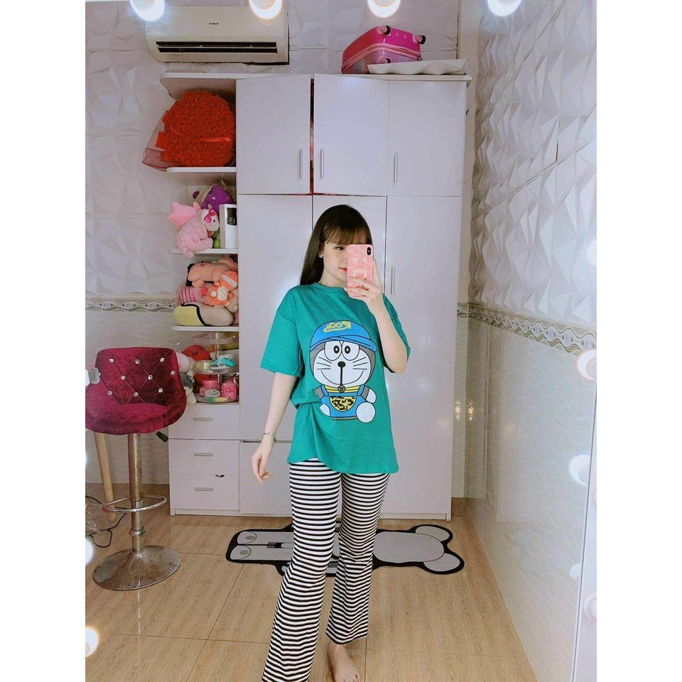 Bộ thun, áo doremon, quần sọc ống loe cho nữ mặc nhà, mặc đi chơi, mẫu siêu HOT, vải đẹp, giá cực rẻ