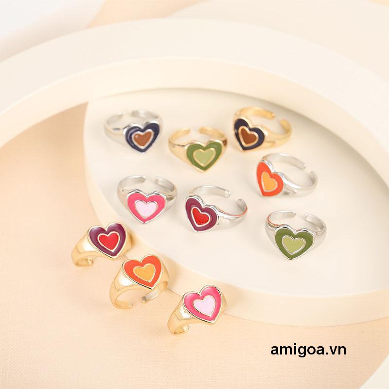 ✨✨Nhẫn hở hình trái tim đôi bằng kim loại tráng men Y2K cổ điển thời trang Hàn Quốc cho nữ