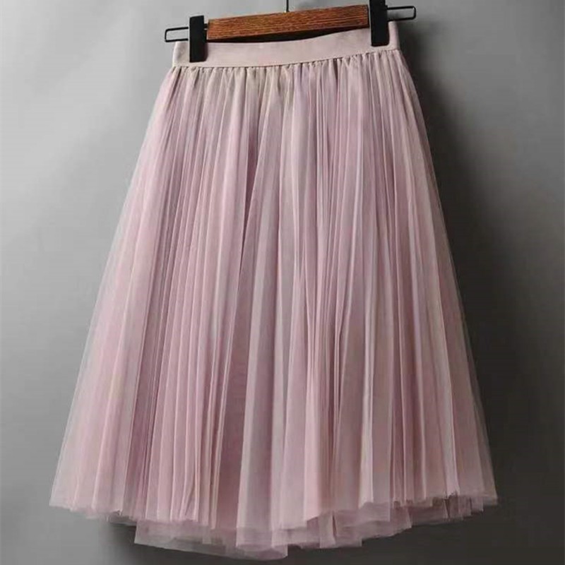 Thời Trang Quần Áo Nữ♘Chân Váy Midi Phối Lưới Lưng Cao Xếp Ly Màu Trắng Đen Thời Trang 2019 Cho Nữ