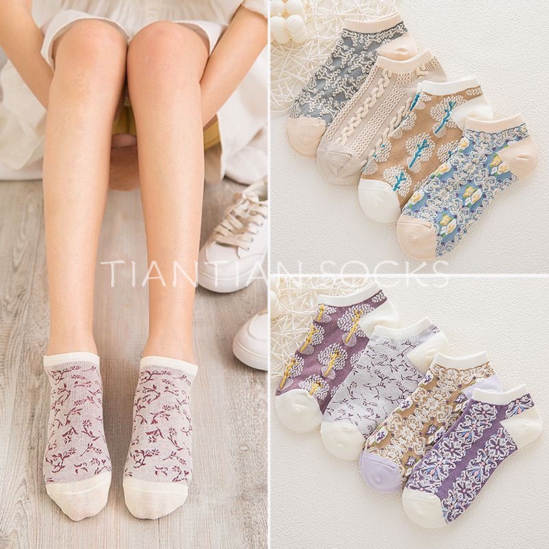 TIAN TIAN T156 Vớ Thuyền Cotton Thêu Nổi Ba Chiều Cổ Điển Phong Cách Hoàng Gia Nhật Bản Dễ Thương Thời Trang Xuân Hè Cho Nữ Dễ Phối Đồ