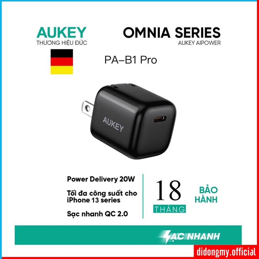 Củ sạc nhanh Aukey PA-B1 Ultra Minima Pro PD 20W - Hàng chính hãng