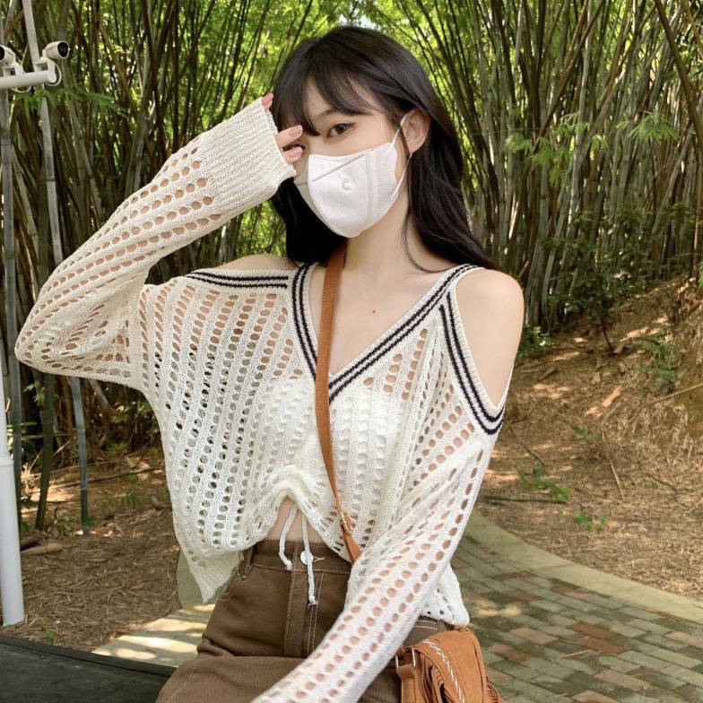 COZOK Áo Cardigan Dệt Kim Tay Dài Dáng Rộng Cổ Chữ V Hở Vai Phối Dây Rút Thời Trang