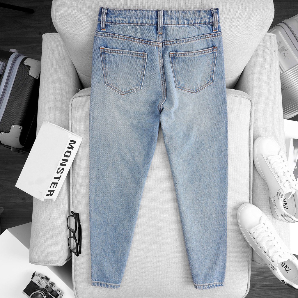 Quần Mom Jeans Nữ Lưng Cao Dáng Baggy Fit Gọn Màu Xanh Wash Đùi Form Lửng