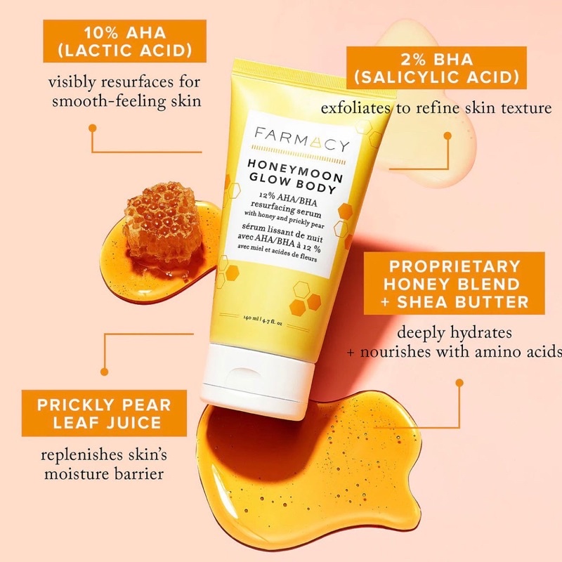 Tinh chất tẩy da chết cơ thể Farmacy Honeymoon Glow Body 12% AHA/BHA Resurfacing Body Serum