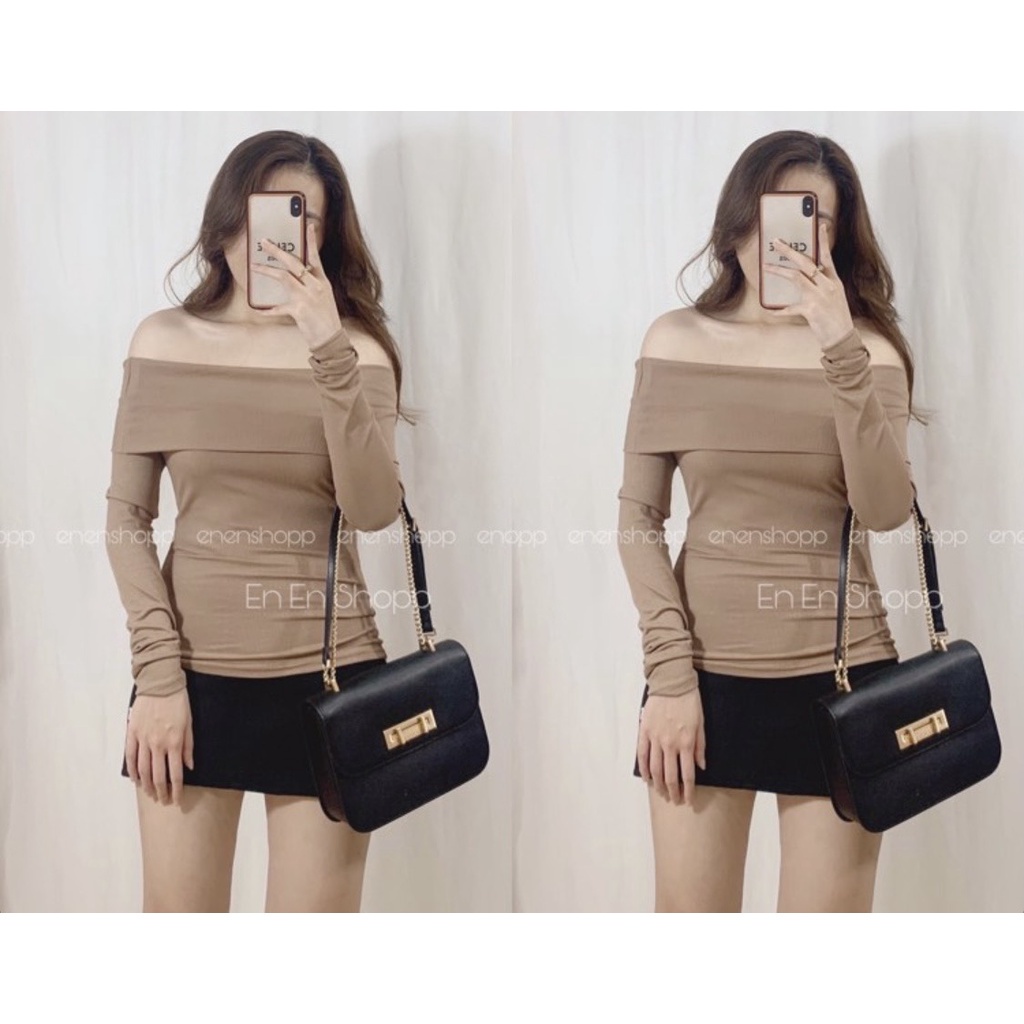 ÁO LEN TĂM DÀI TAY TRỄ VAI NGANG BẢN TO - Áo Trễ Vai Gấp Nữ Trơn Ôm Body 3 Màu Basic ĐEN | BE | NÂU Bệt Vai Hàn Ulzzang