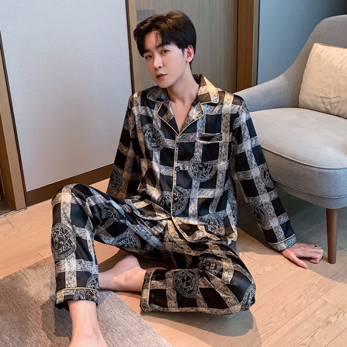 Bộ đồ ngủ tay dài vải lụa phong cách Hàn Quốc cho nam cỡ L-5XL