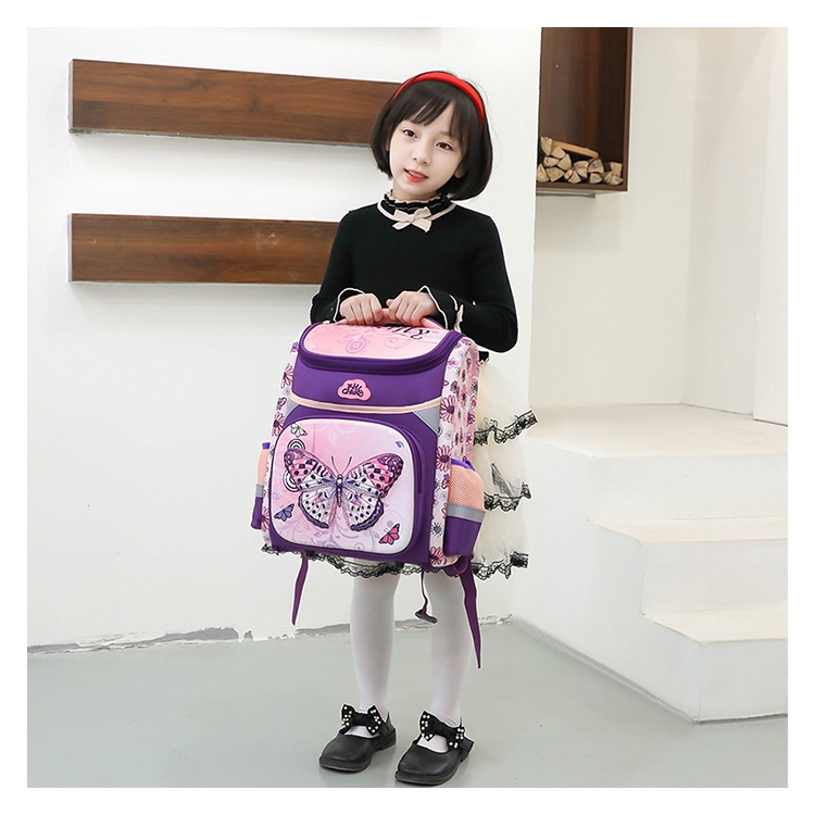 Cặp chống gù cho bé hình in nổi 3D kiểu hộp vải cao cấp chống nước chính hãng Bibobaby 206