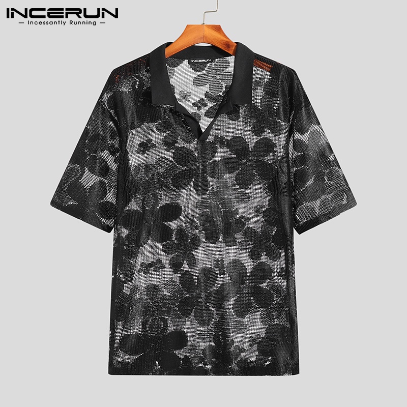 Áo sơ mi INCERUN tay ngắn dáng rộng họa tiết hoa xuyên thấu thoáng khí thời trang cho nam