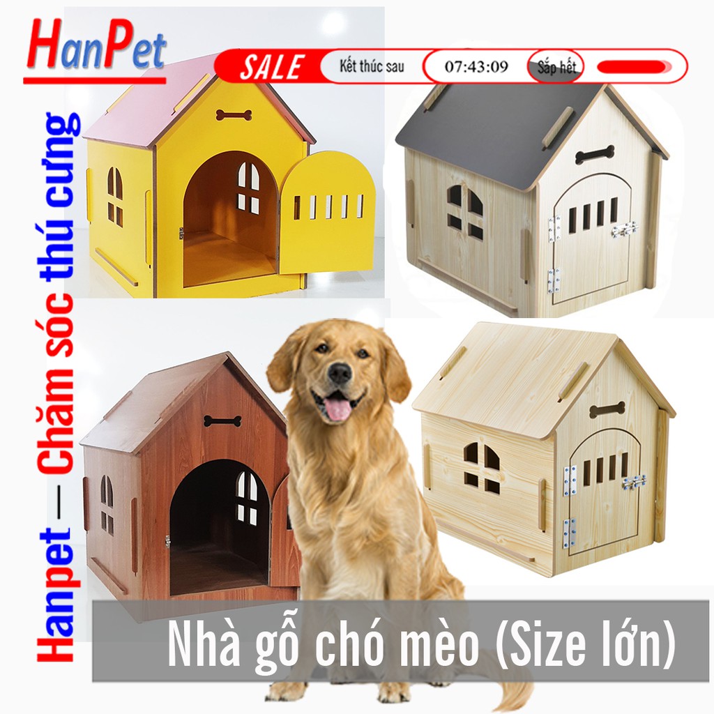 [Mã 55FMCGSALE giảm 8% tối đa 100K đơn 500K] Nhà gỗ cho chó mèo ở kích thước lớn 80x55x74cm chuồng cho chó dưới 22kg