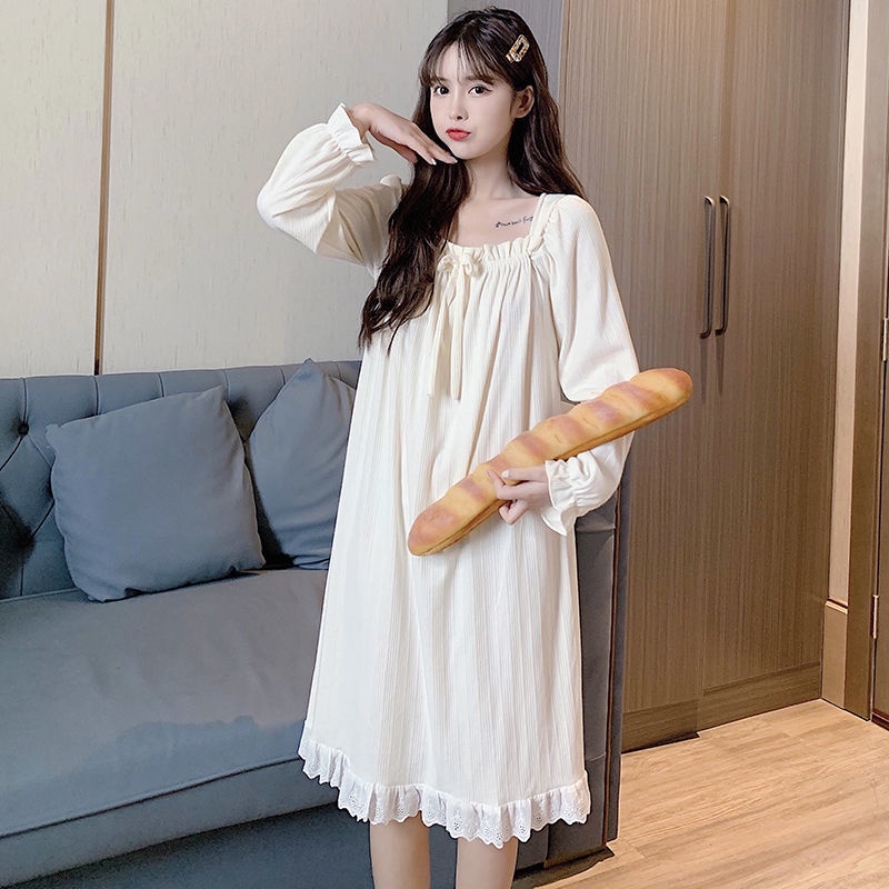 Đầm Ngủ Tay Dài Chất Cotton Mỏng Nhẹ Màu Trơn Dễ Thương Thời Trang Cho Nữ