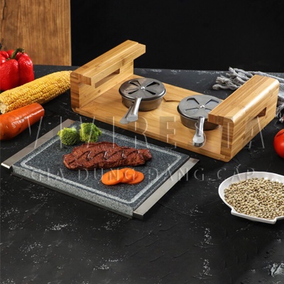 Bộ đá nướng thịt bò dùng tại bàn có đế gỗ cách nhiệt cho nhà hàng