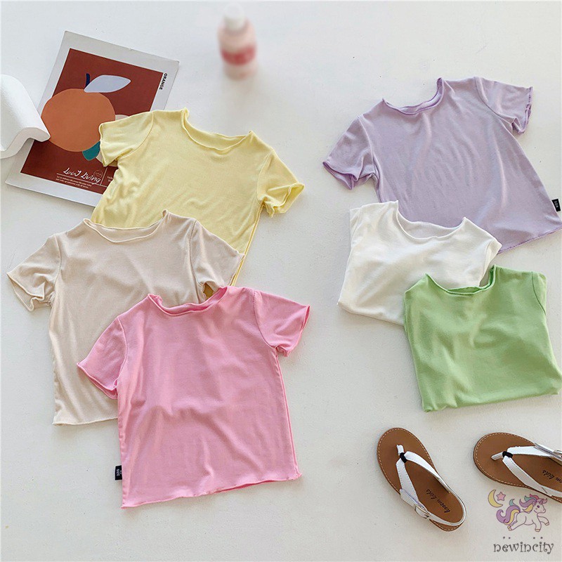 Áo thun tay ngắn màu trơn macaron thời trang Hàn Quốc dành cho bé gái