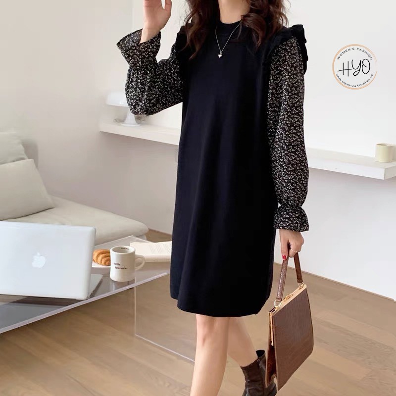 Váy len suông dáng dài tay voan bồng Len dệt kim cao cấp Quảng Châu