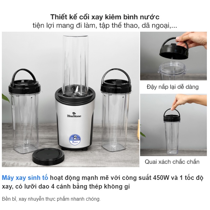 [Mã ELHAMS5 giảm 6% đơn 300K] Máy xay sinh tố BlueStone personal blender BLB-5310 Kèm 3 Cối Xay - Công suất 450w