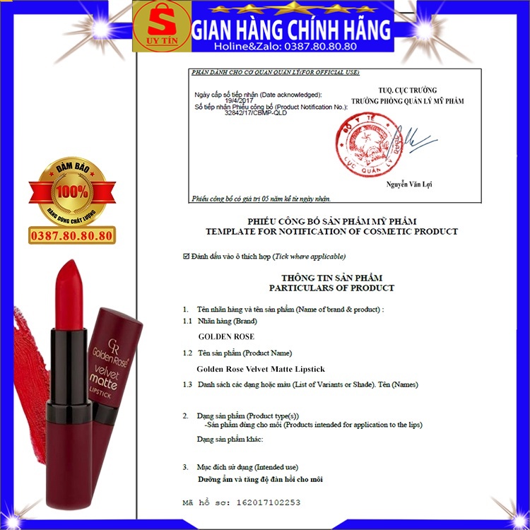 Son môi son lì không trôi khi ăn uống xịn chính hãng Golden Rose dạng thỏi lâu trôi siêu lì màu đỏ hồng cam cháy nâu đất