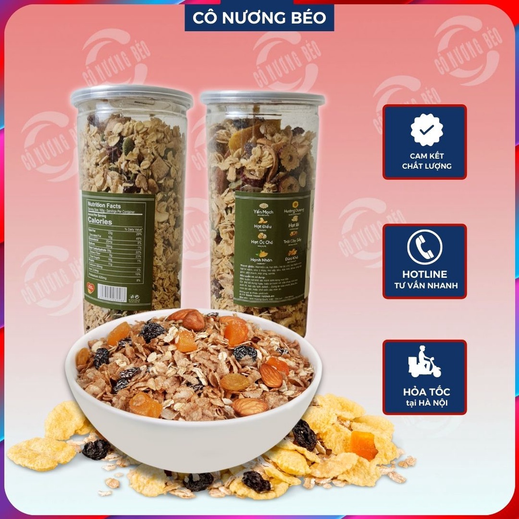 Ngũ cốc ăn kiêng giảm cân, Granola yến mạch siêu hạt cao cấp hũ 500g - đồ ăn vặt cô nương béo