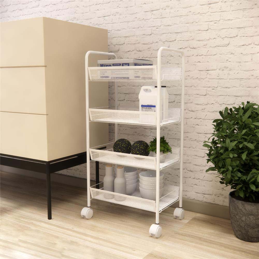 HomeBase STACKO Kệ 4 tầng bằng lưới thép có bánh xe có 4 móc treo IVY W45xH85xD26cm màu trắng