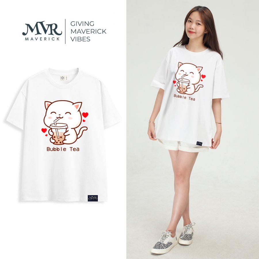 Áo thun unisex tay lỡ hình mèo uống trà sữa anime local brand MVR KK1414