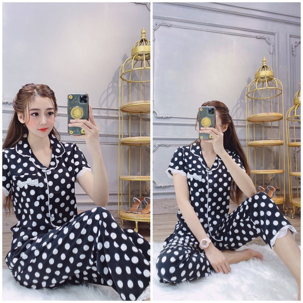 Set bộ pizama họa tiết chấm bi tay ngắn- hàng thiết kế cao cấp 2020 / Có size XXL