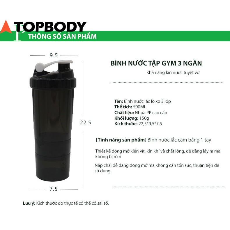 Bình nước tập gym 3 ngăn shaker, bình nước tập thể thao, đá bóng TOPBODY