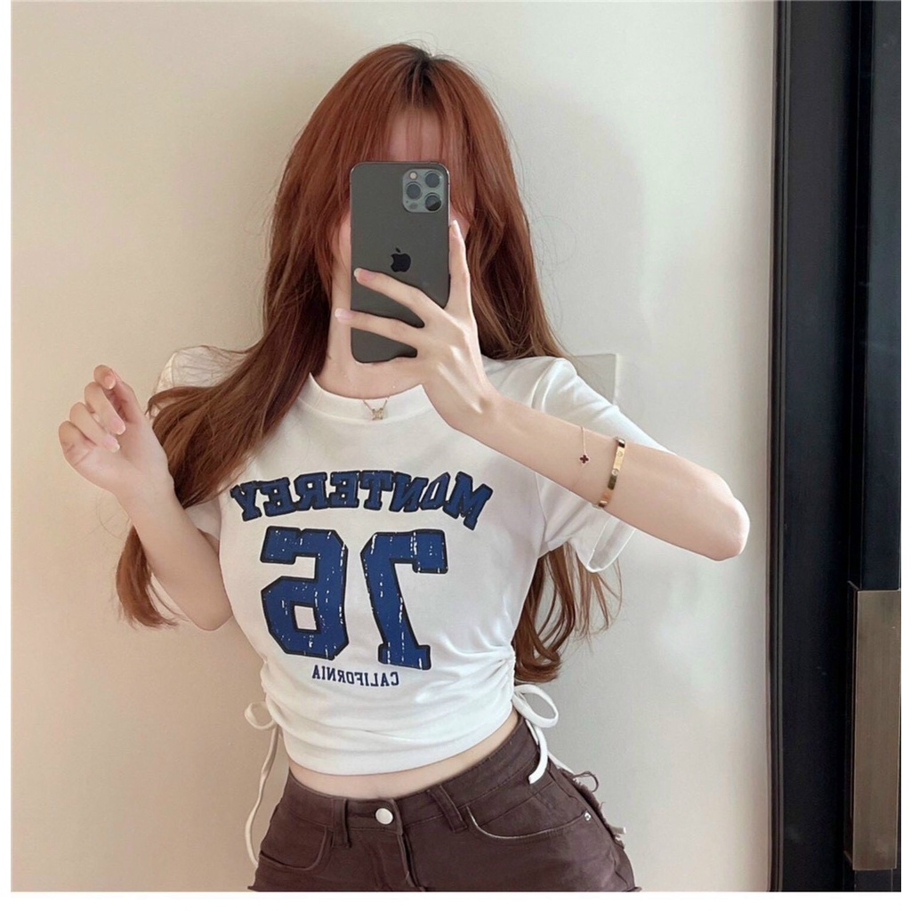 ÁO CROPTOP KIỂU LỬNG NỮ CỔ TRÒN NGẮN TAY IN 76 KHOÉT TRÒN 2 HÔNG PHỐI DÂY RÚT MÀU TRẮNG MÀU ĐEN SIÊU NGẦU CỰC CÁ TÍNH