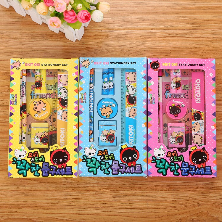 Dụng cụ học tập, set 7 món bút chì,thước kẻ,gôm tẩy,gọt bút chì,nắp đậy_văn phòng phẩm dễ thương