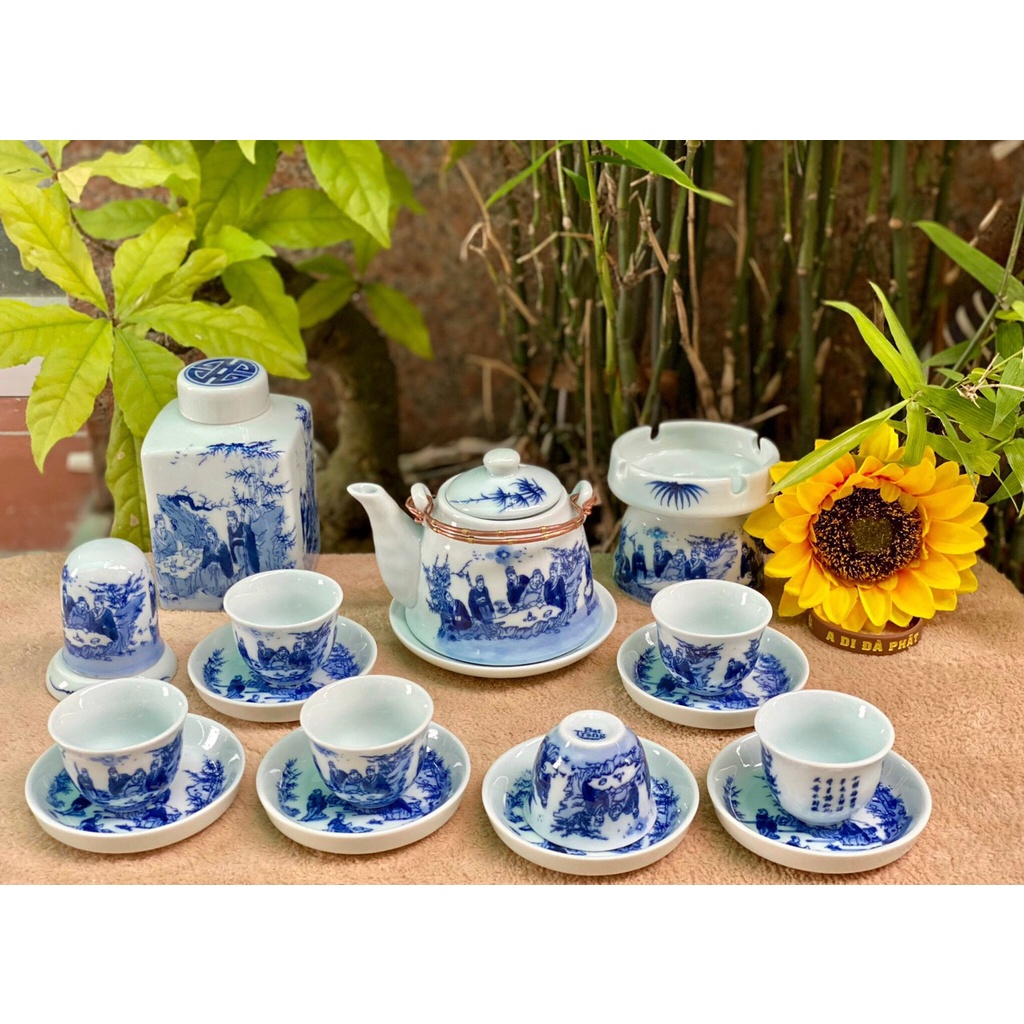 Ấm chén sứ trắng vẽ men lam Nhà Lò Bát Tràng-bộ Trúc Lâm Thất Hiền