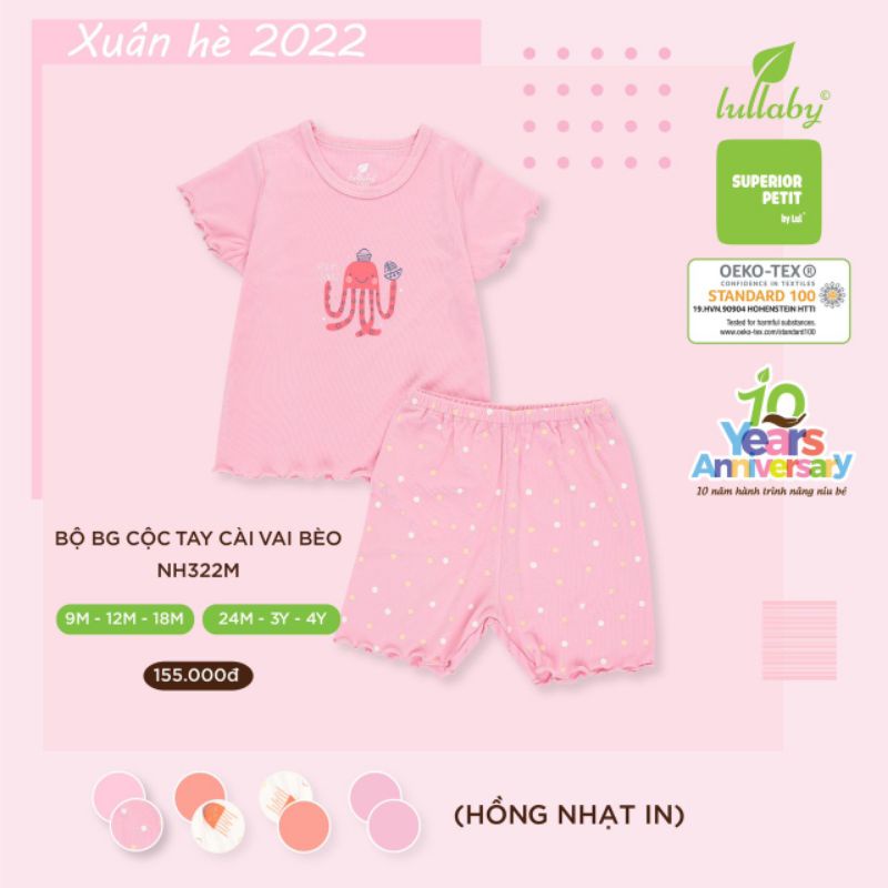 Bộ cộc tay cài vai bèo bé gái Lullaby mã NH322