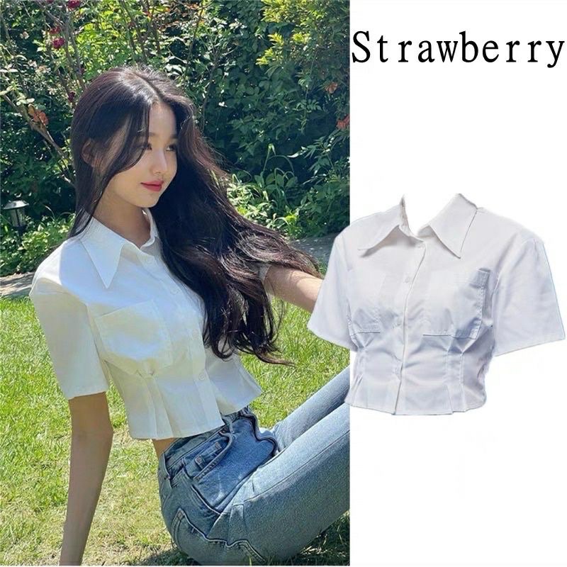 [SẴN] Áo sơ mi chiết eo dáng crop màu trắng giống Jang Wonyoung IVE