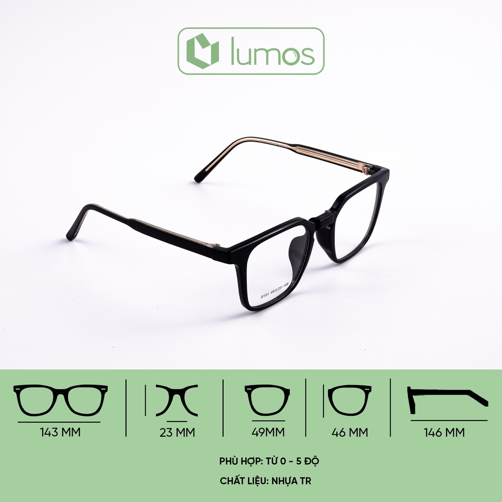 Gọng kính cận râm nam nữ thời trang 2 trong 1 thiết kế vuông nhựa TR có lõi thép chống tia UV cao cấp Lumos 8191