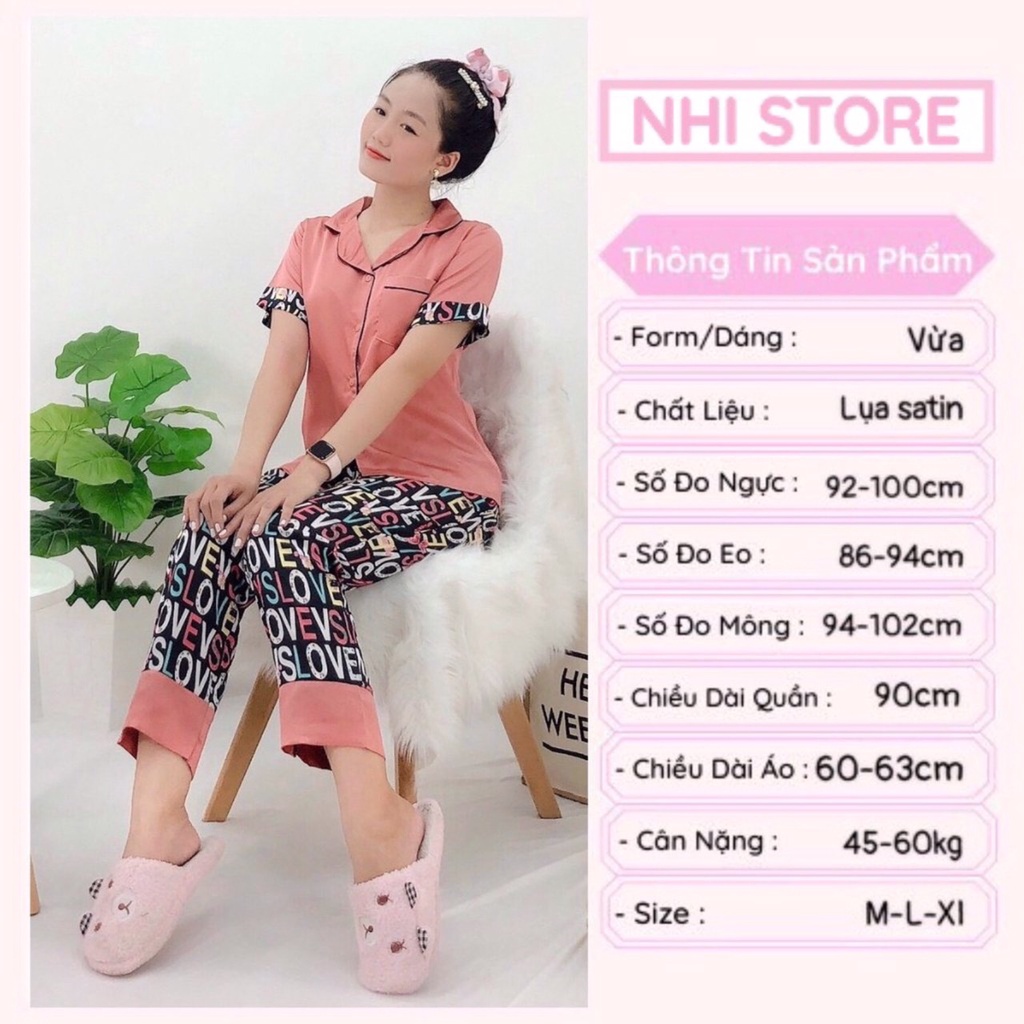 [FREESHIP 50K] BỘ MẶC NHÀ PIZAMA LỤA SATIN NHISTORE QUẦN DÀI TAY NGẮN  HỌA TIẾT CHỮ SIZE 45-60KG