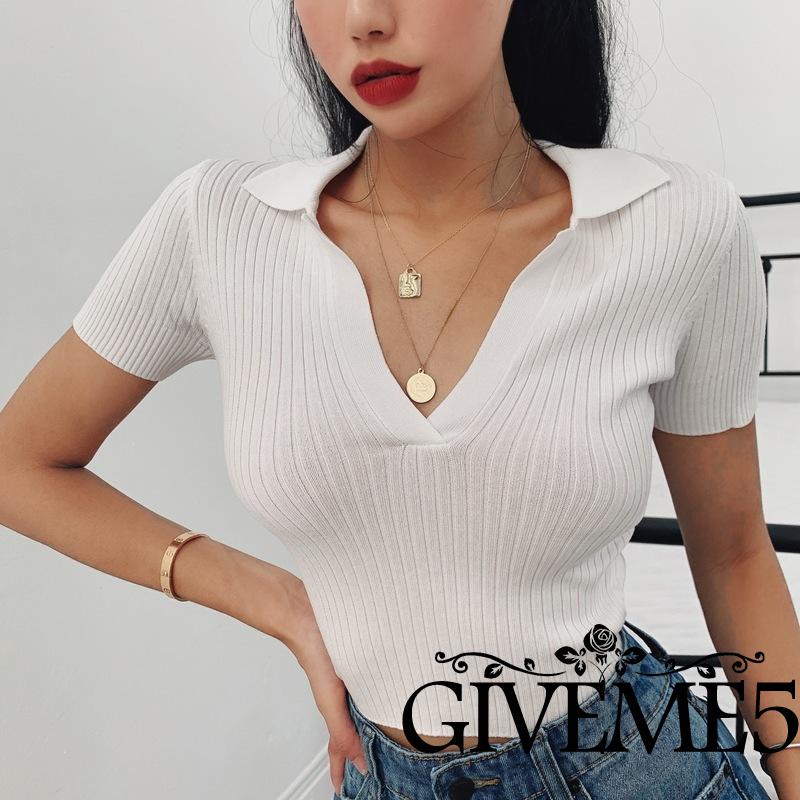 Áo Lửng Dệt Kim Tay Ngắn Cổ Chữ V Thời Trang Năng Động Cho Nữ