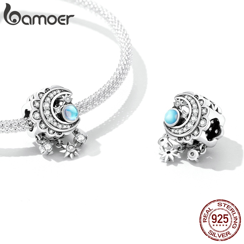 Phụ kiện trang sức Bamoer BSC598 hình ngôi sao và mặt trăng bằng bạc 925