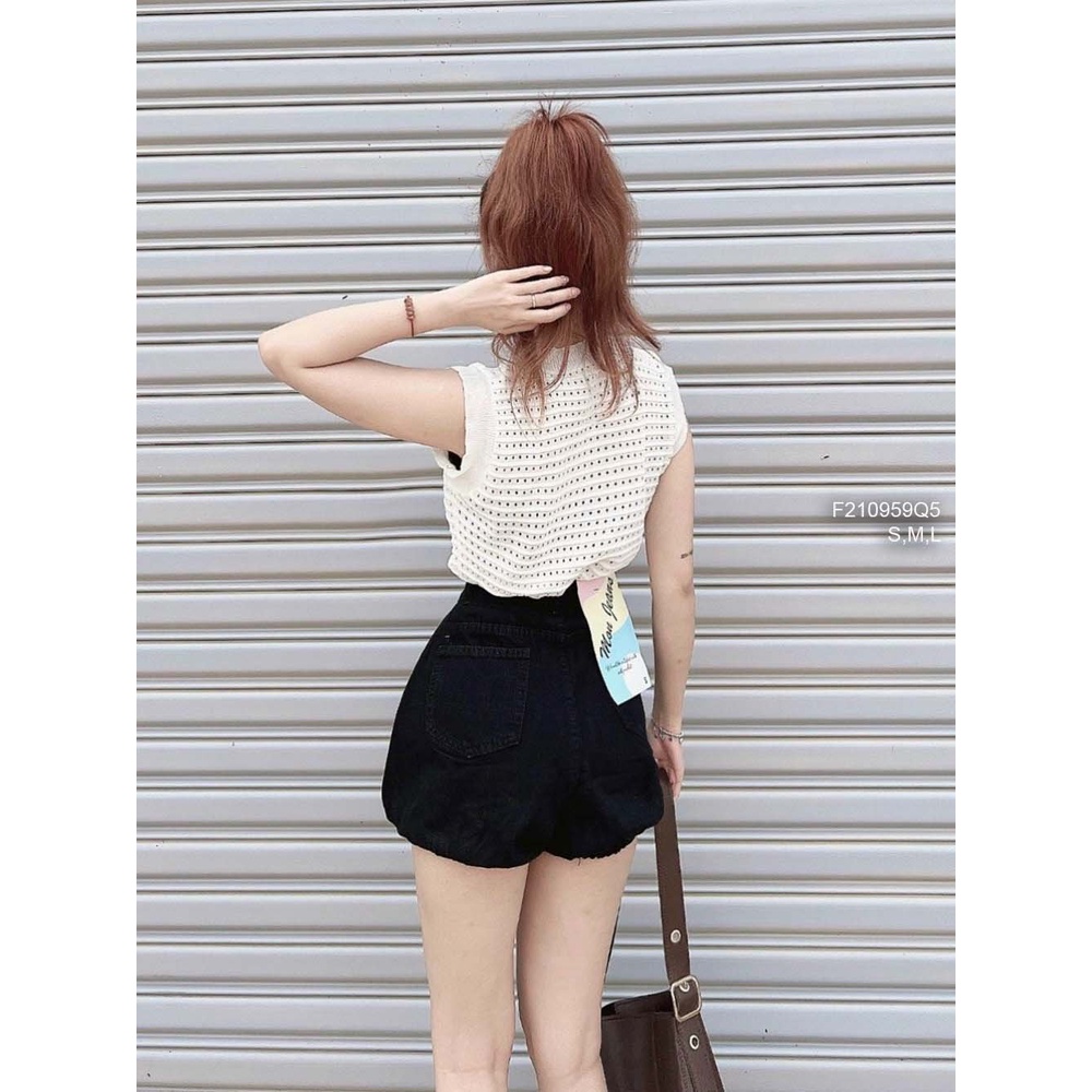 Quần short jean đen bí phồng phối 4 nút lưng cao hàng đẹp!