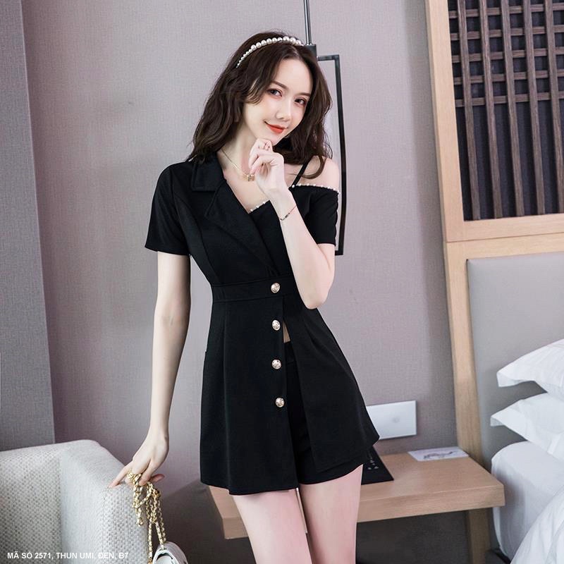 (Có bigsize) Set bộ áo giả vest phối trễ vai thiết kế và quần đùi ngắn cho bạn nữa mặc dạp phố
