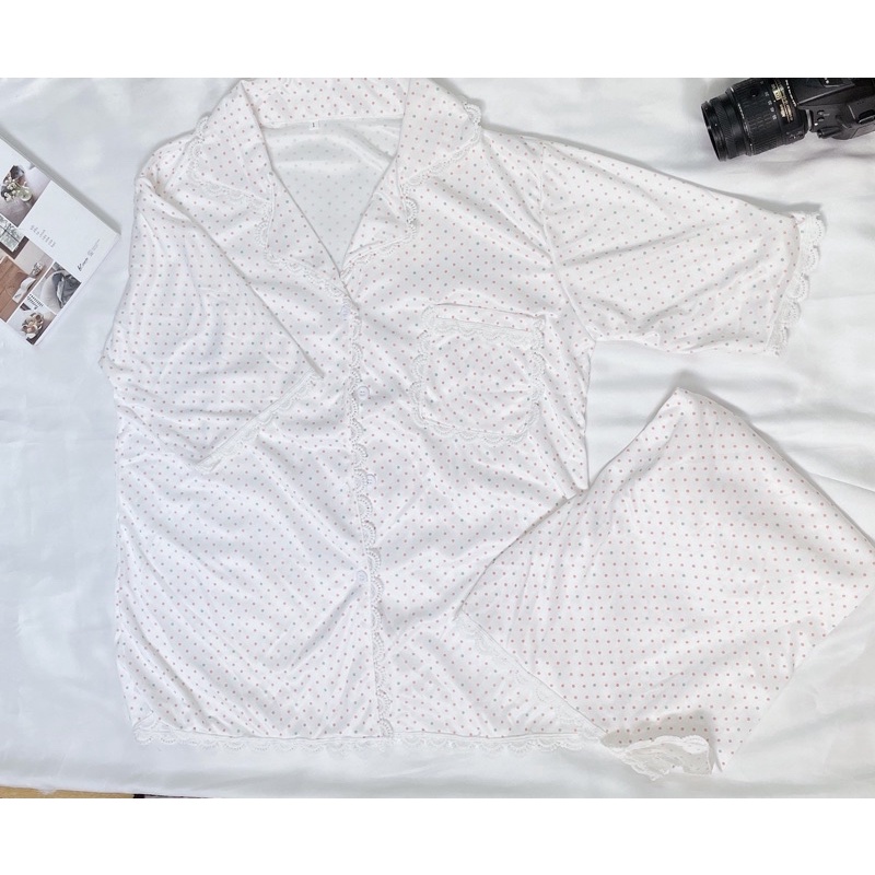 Bộ Đồ Ngủ Ngắn Tay Phối Ren Với Họa Tiết Chấm Bi Xinh Xắn Dành Cho Nữ | BigBuy360 - bigbuy360.vn