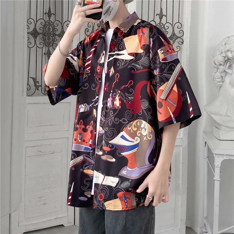 Áo sơ mi ngắn tay 3D hoa phong cách Hàn Quốc cho nam