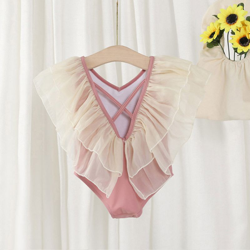 Bộ Đồ Bơi Một Mảnh Hai Dây Viền Lưới Phong Cách Phương Tây Kèm Nón Cho Bé Gái