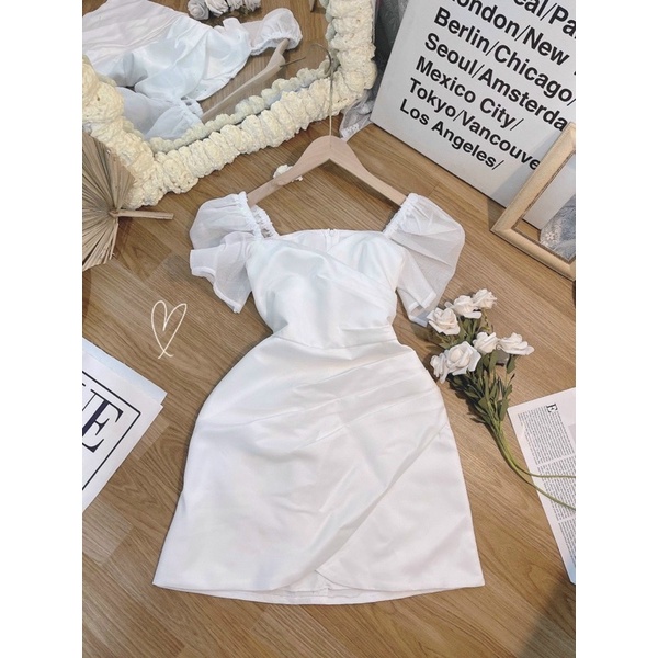 ĐẦM CHÉO NGỰC XẾP LY TAY TƠ TRẮNG