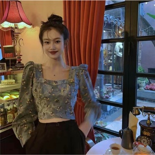 Áo croptop dài tay nữ cổ vuông họa tiết hoa nhí