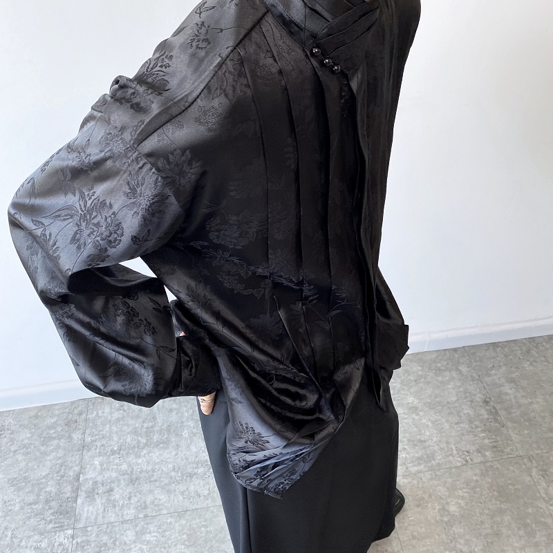 Áo Sơ Mi Vải Jacquard Satin Cao Cấp Tay Dài Cổ Cao Xếp Ly Cài Nút Ngọc Trai Tùy Chỉnh Thiết Kế Thời Trang Mùa Thu Cho Nam