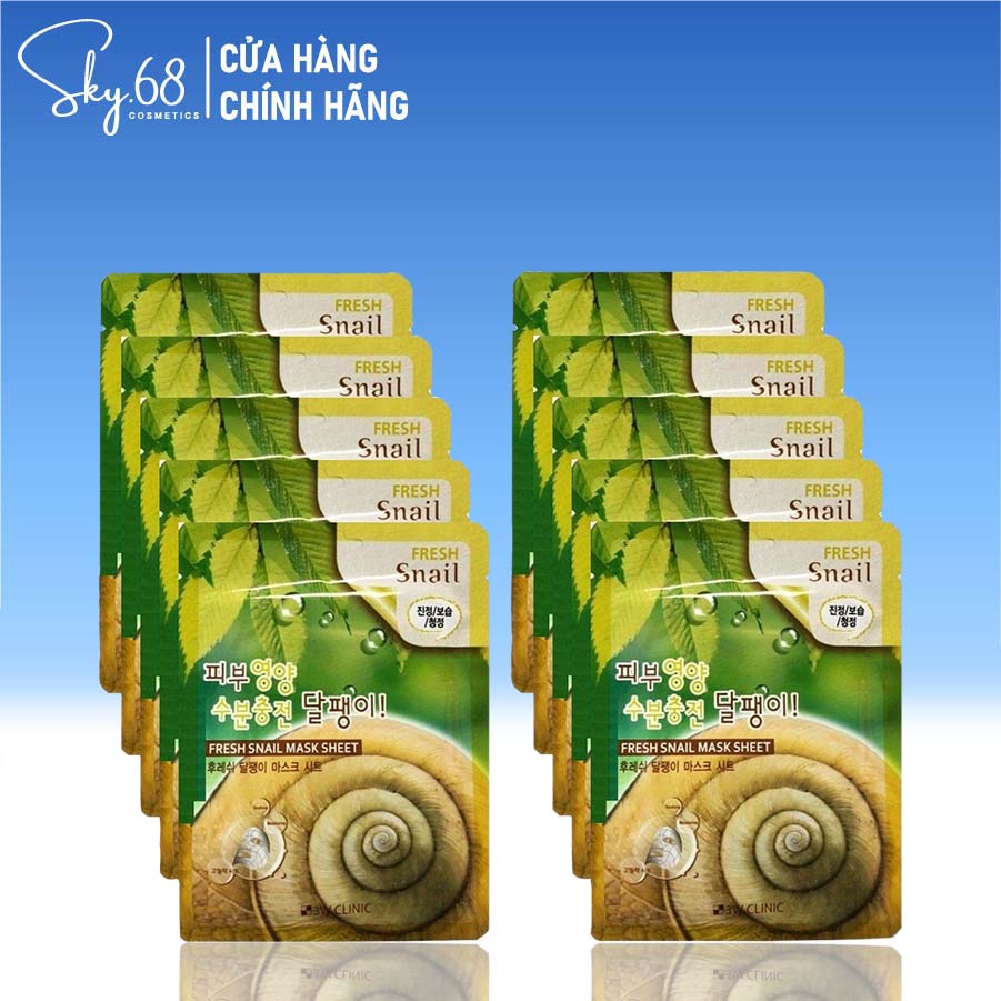 Combo 10 Mặt nạ dưỡng da săn chắc và mềm mịn da chiết xuất ốc sên 3W Clinic Fresh Snail Mask Sheet