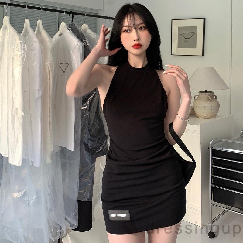 DRE-Ladies Summer Slim Short Dress, Solid Color Round Collar Sleeveless Off Shoulder Backless Hip Dress