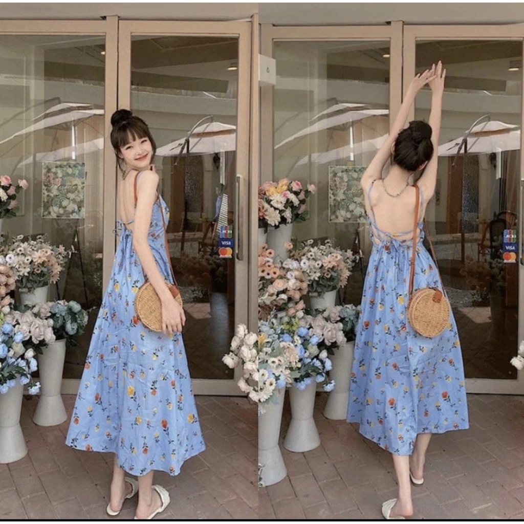 Đầm maxi hoa hở lưng đan dây